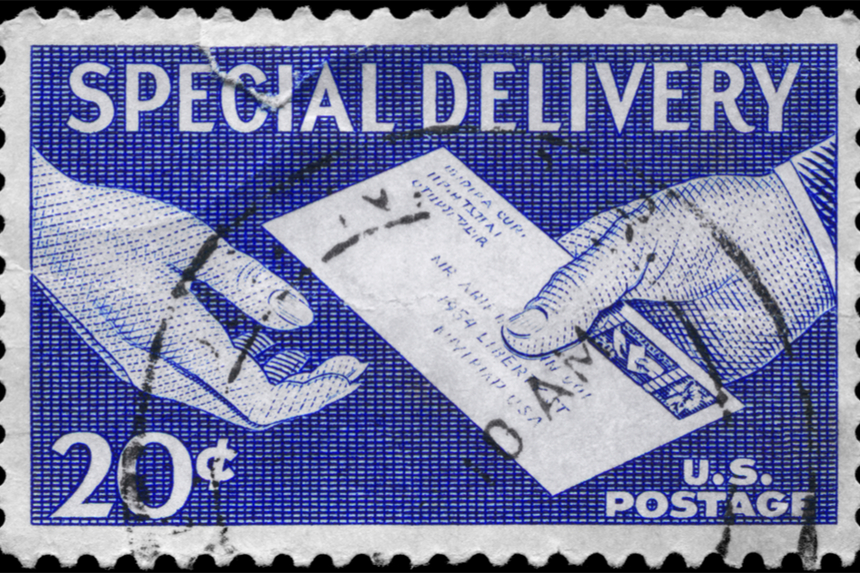 U.S. postal stamp showing a letter being passed between two hands.
