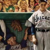 Chicago Cub player standing in the dugout awaiting his turn at bat while the audience jeers him.