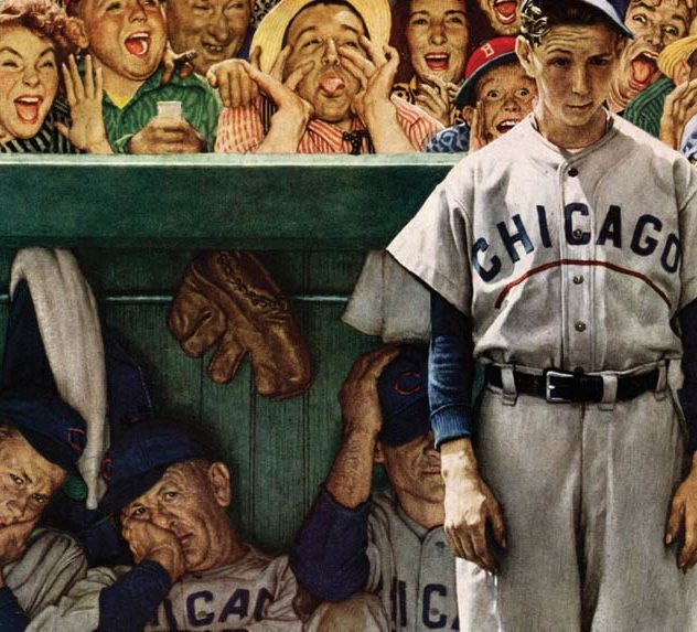 Chicago Cub player standing in the dugout awaiting his turn at bat while the audience jeers him.