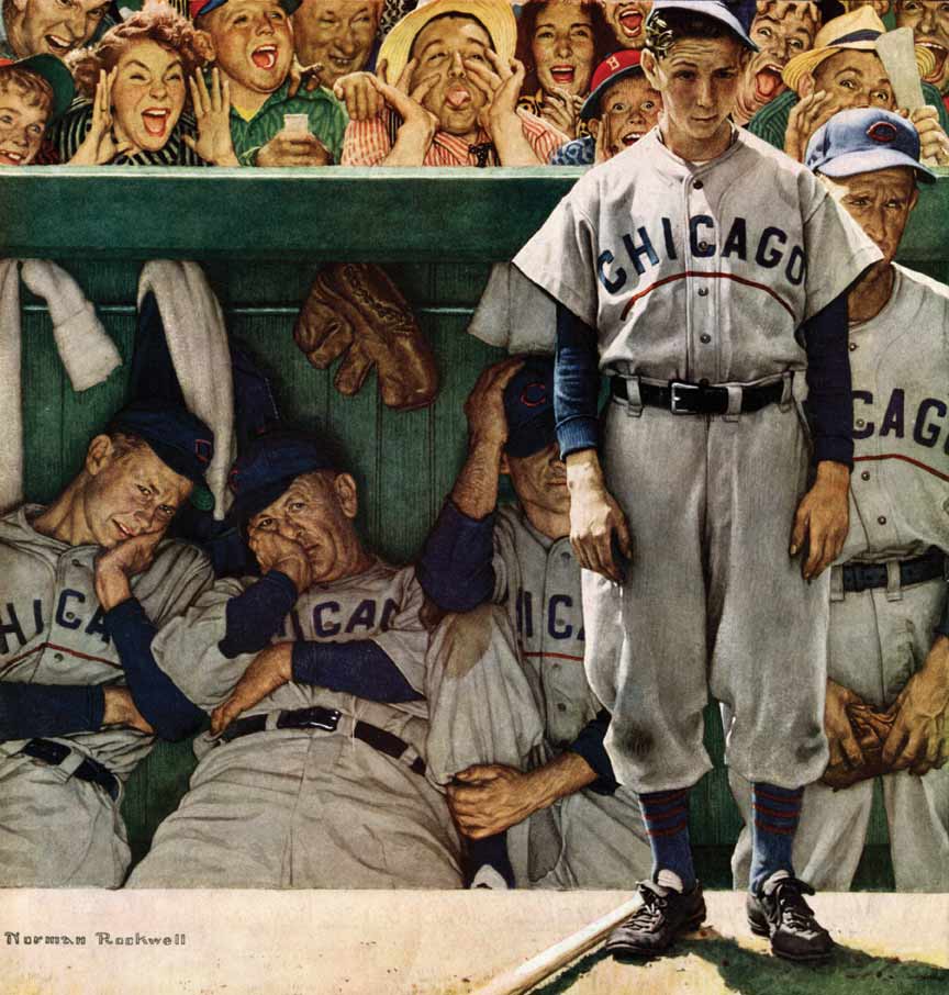 Chicago Cub player standing in the dugout awaiting his turn at bat while the audience jeers him.