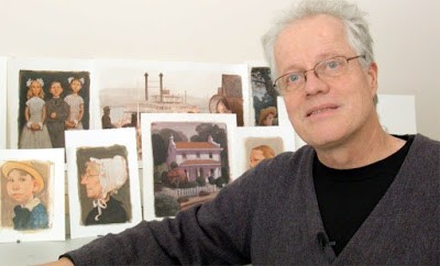 Illustrator C.F. Payne in front of several of his illustrations