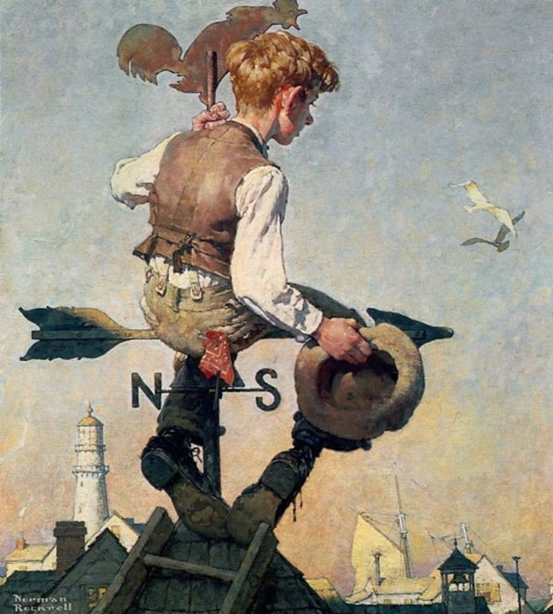 Boy sitting on a weather vane