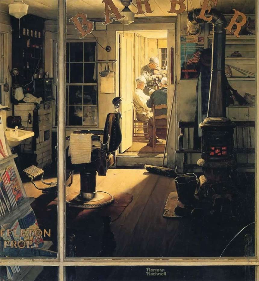 Elderly men play their string instruments in a closed barber shop