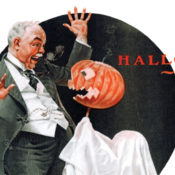 Man being scared by a child holding a Jack O'Lantern