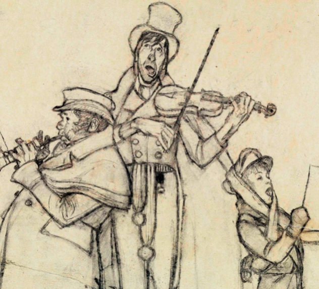 Pencil drawing set of carolers singing.