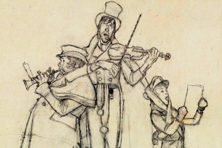 Pencil drawing set of carolers singing.