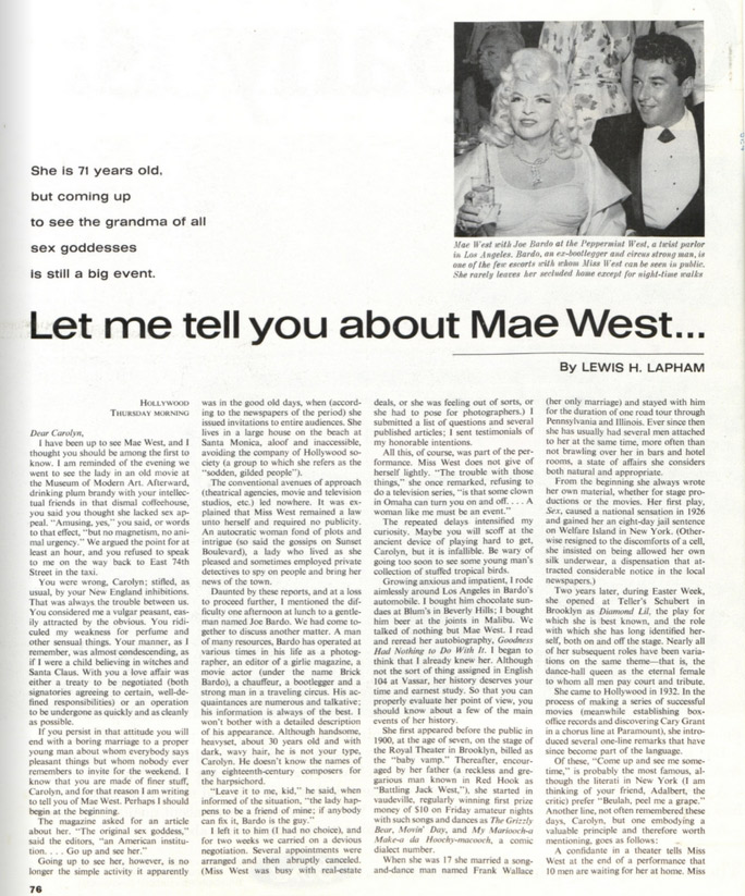 First page of the article, "Let Me Tell You About Mae West"
