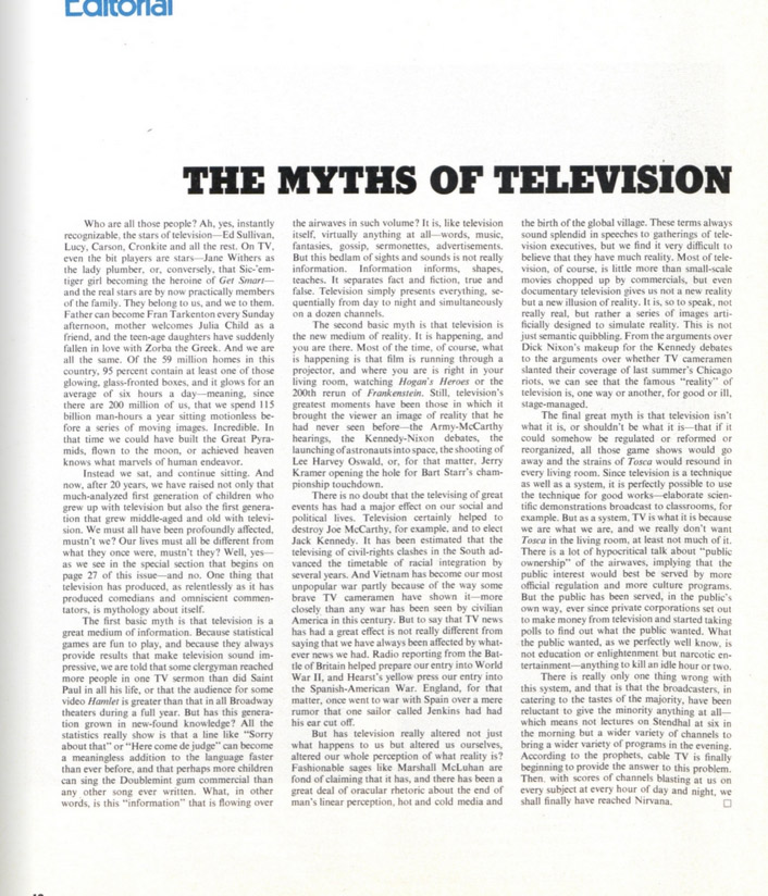 First page for the editorial, "The Myths of Television"