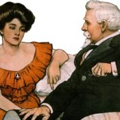 An older man conversing with a woman.