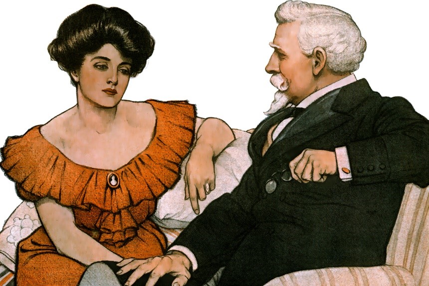 An older man conversing with a woman.