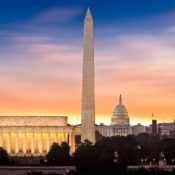 View of the United States Capitol building, the Lincoln Memorial, and the Washington memorial