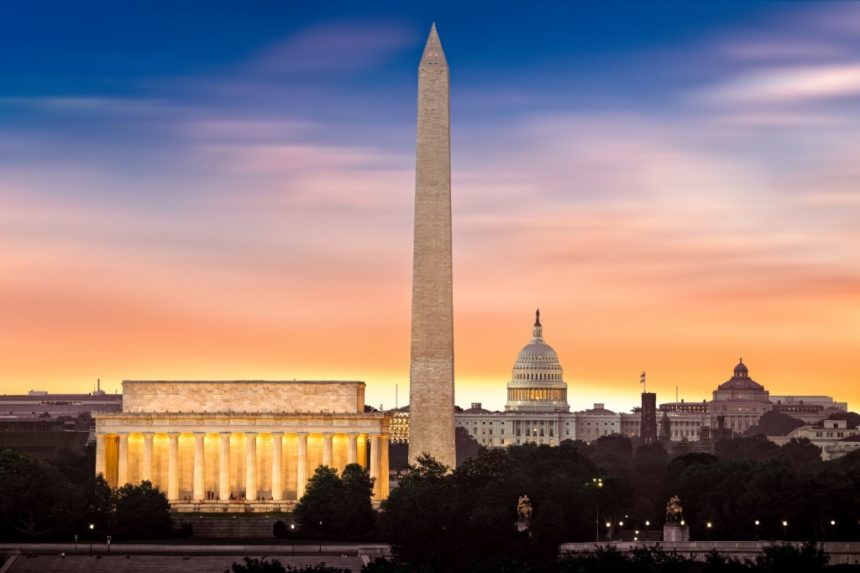 View of the United States Capitol building, the Lincoln Memorial, and the Washington memorial