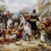 Illustrated depiction of the first Thanksgiving dinner