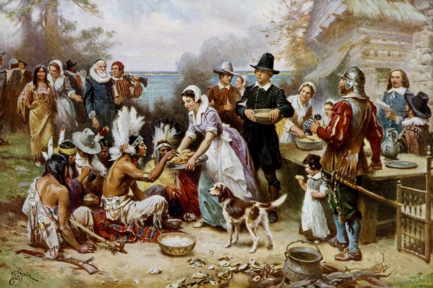Illustrated depiction of the first Thanksgiving dinner