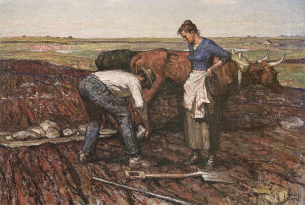 Two farmers in a dirt field. A pair of shovels and cattle appear with them.
