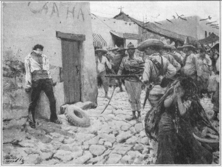 A prisoner lays against a wall as Mexican soldiers point their guns towards him