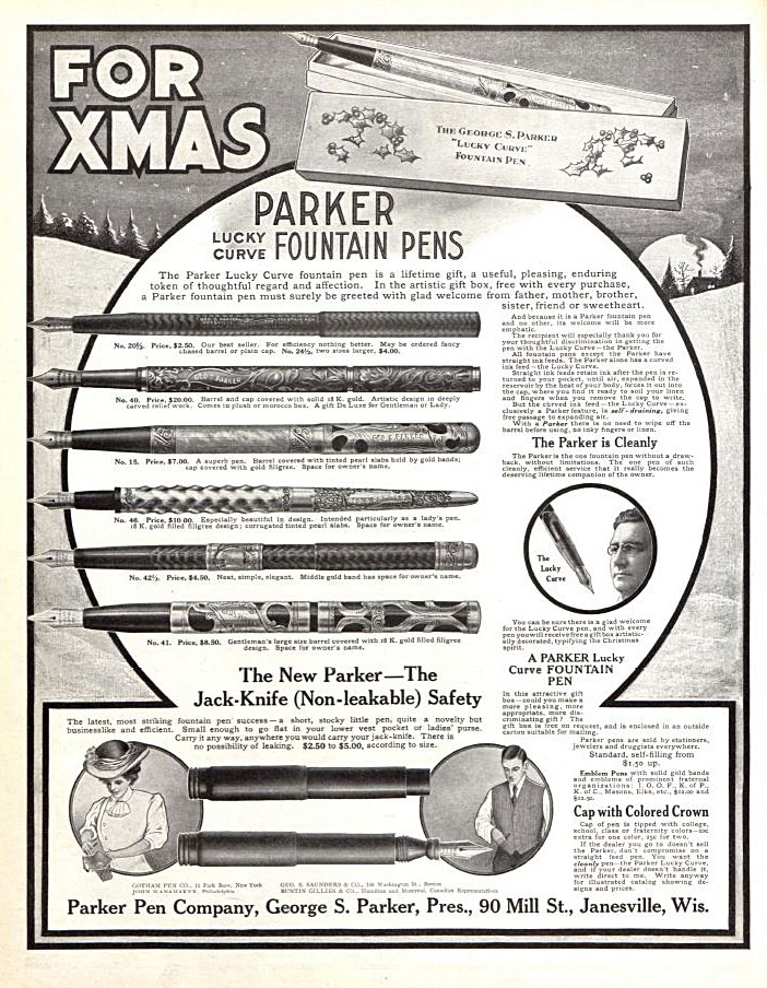 Advertisement for fountain pens, featuring illustrations of the pens.