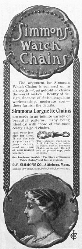 An advertisement for watch chains, featuring a profile of a woman on a coin face