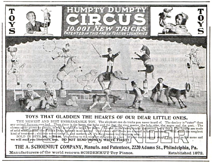 An advertisement for toys depicting various circus performers and animals
