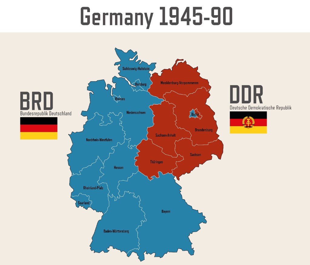 Political map of postwar Germany from 1945-1990, showing the capitalist Federal Republic of Germany in the west, and the communist German Democratic Republic in the east.