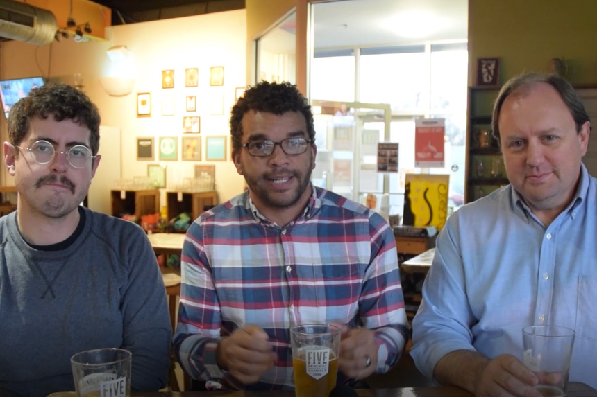 Nick Gilmore, Chris Wakefield, and Troy Brownfield in a cafe talk during a podcast callled "Post Week in Review"