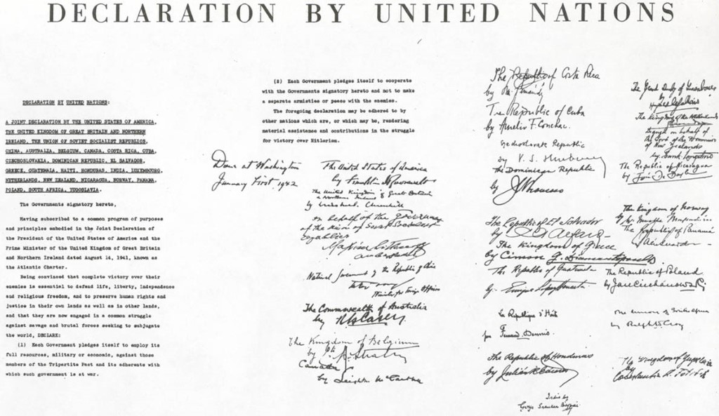 Copy of the Declaration of the United Nations, with signatures from international delegates.