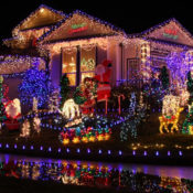 A home decorated with Christmas lights
