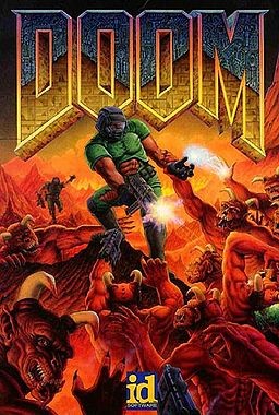 Cover for the video game "Doom," with the hero, "Doom Guy", firing his weapons at a horde of demons.
