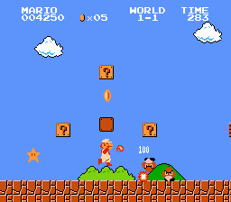A screen capture of the video game "Super Mario Bros.".