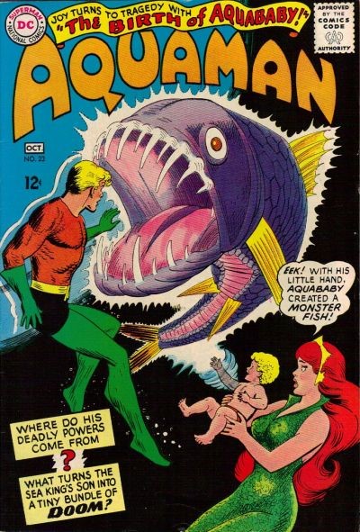 A cover of Aquaman featuring the titular character's son, Aquababy, controlling a large ferocious fish, that is about to bite into Aquaman.