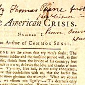 A portion of Thomas Paine's "The American Crisis" pamphlet, with handwritten notes in the top margin.