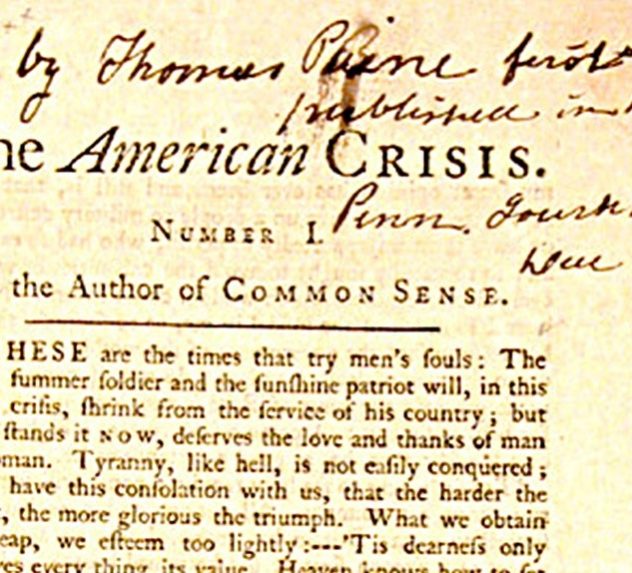 A portion of Thomas Paine's "The American Crisis" pamphlet, with handwritten notes in the top margin.