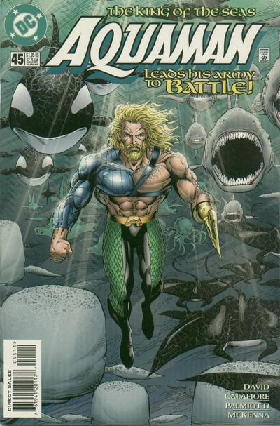 "Aquaman" cover featuring him leading a pack of sharks and killer whales.