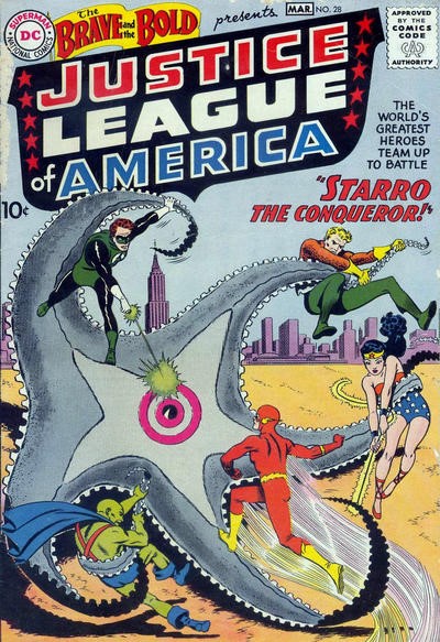 A cover of "Justic League America" featuring Aquaman, Wonderwoman, the Flash, Green Lantern, and Martian Manunter fighting a gigantic octopus.