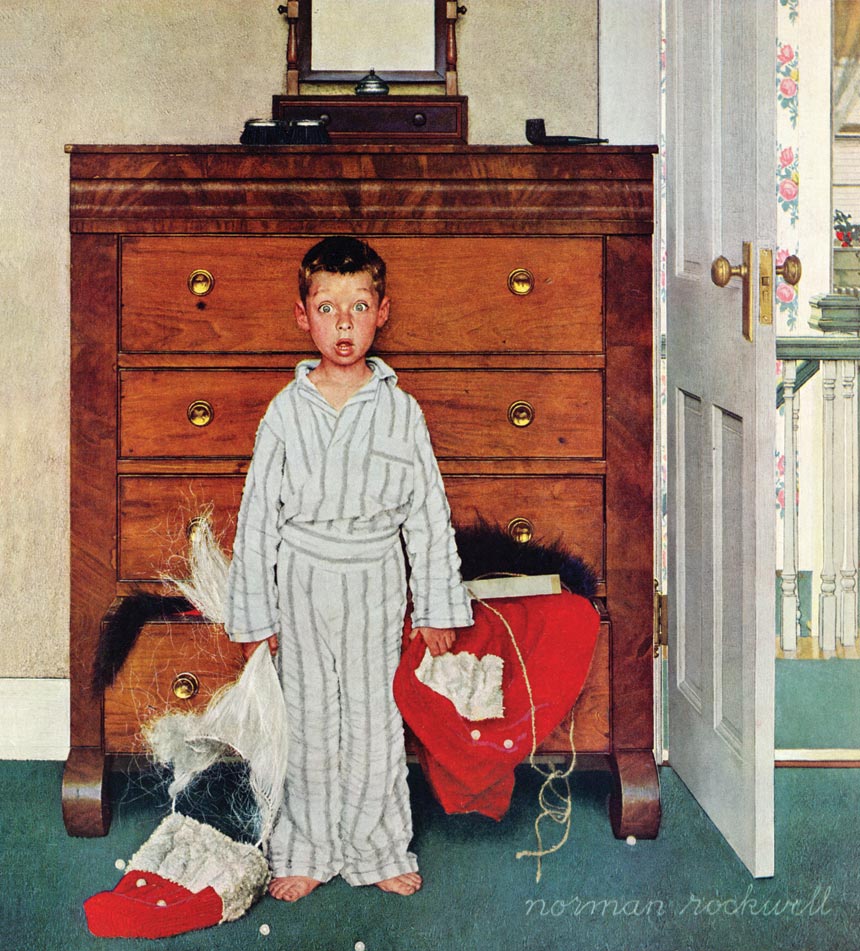 A shocked little boy finding his parent's Santa Claus outfit in their dresser.