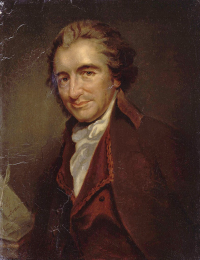 A portrait of Thomas Paine holding a copy of "The Rights of Man"