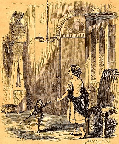 Young greet greeting a tiny soldier in a luxurious living room.