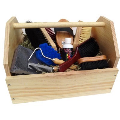 A horse grooming kit containing brushes, shampoo, and a hoof pick.