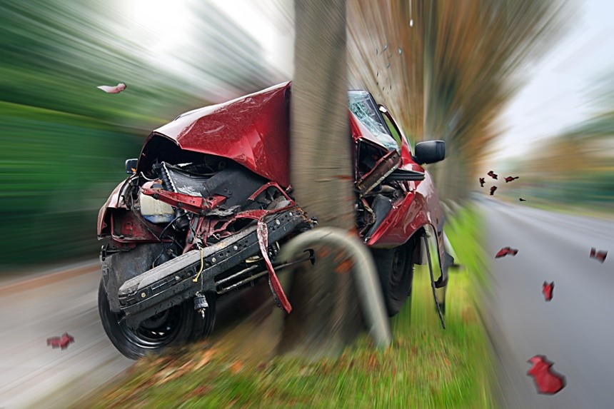 A red sedan crashing hood-first into a tree.