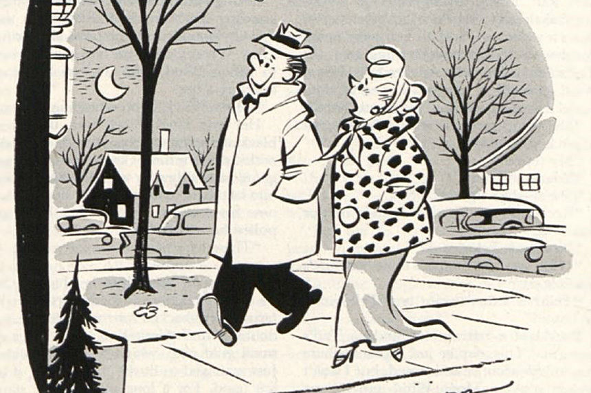 A couple walk through a neighborhood to a New Year's Eve party.