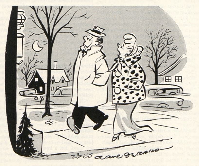 A couple walk through a neighborhood to a New Year's Eve party.