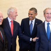 President Barack Obama laughs with former Presidents Jimmy Carter, Bill Clinton, and George W. Bush, prior to the dedication of the George W. Bush Presidential Library and Museum on the campus of Southern Methodist University in Dallas, Texas, April 25, 2013.