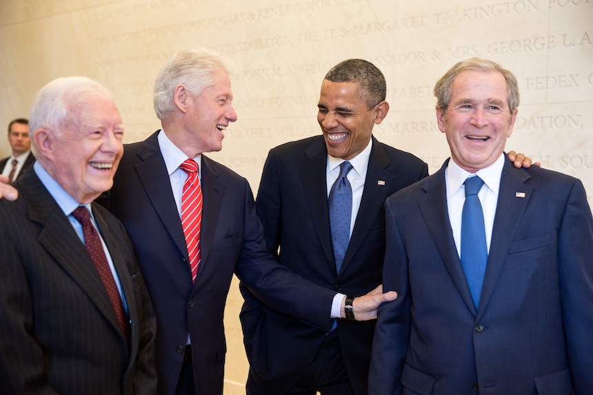 President Barack Obama laughs with former Presidents Jimmy Carter, Bill Clinton, and George W. Bush, prior to the dedication of the George W. Bush Presidential Library and Museum on the campus of Southern Methodist University in Dallas, Texas, April 25, 2013.