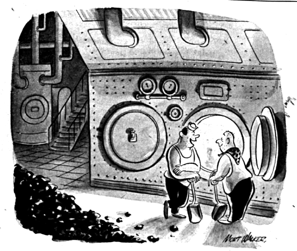 Two workers talk in front of a coal furnace.