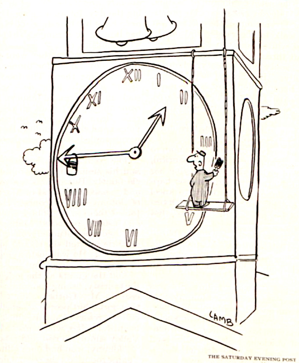 Painter on a clock notices that the minute hand has carried his paint bucket to the other side of the face.
