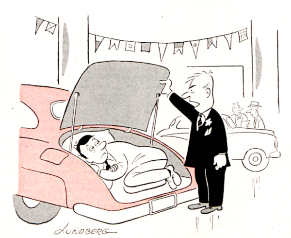 Car salesman is caught sleeping in the trunk of a showroom car.