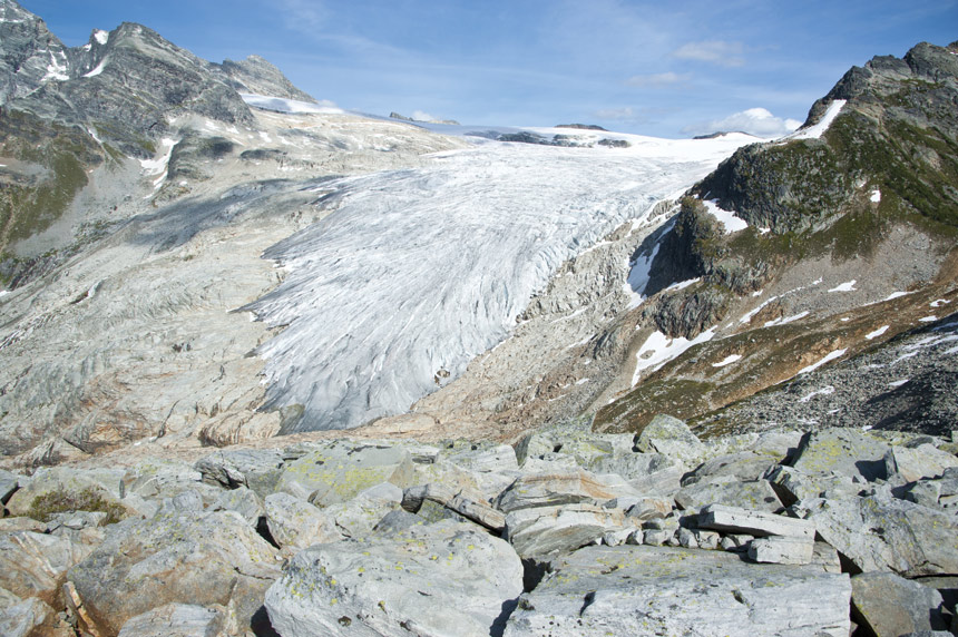 A view of a tongue-shaped sheet of ice at the Illecillewaet Glacier in British Columbia's Glacier National Park.