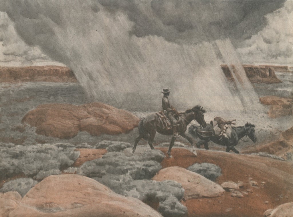 A cowboy leading a horse through the wilderness, rain pours onto a forest in the distance.