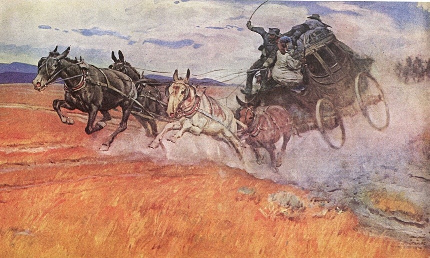 A stage coach driver whips his horses into a furious gallop, speeding the carriage and its occupents away from a pursuing band of camanches. A rifleman is firing at the attackers from the top of the coach.