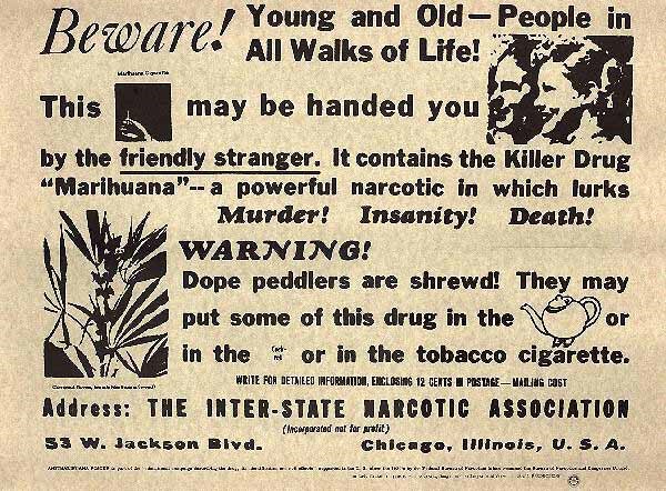 A advertisement warning of the dangers of marijuana, with images of smiling young people, and the hemp plant.